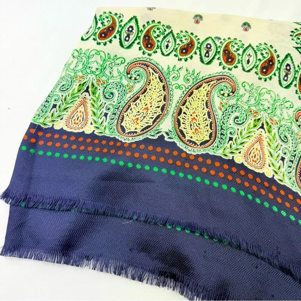 Talbots Cream Fleur Blue Green Paisley Edged Preppy Shawl Wrap Scarf